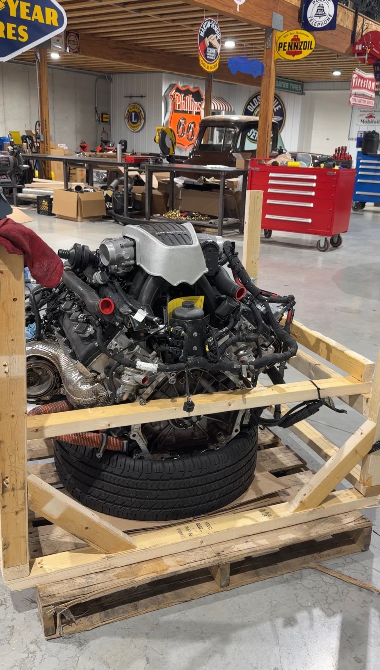 2018 McLaren 570GT — new M838TE engine on pallet, wider angle